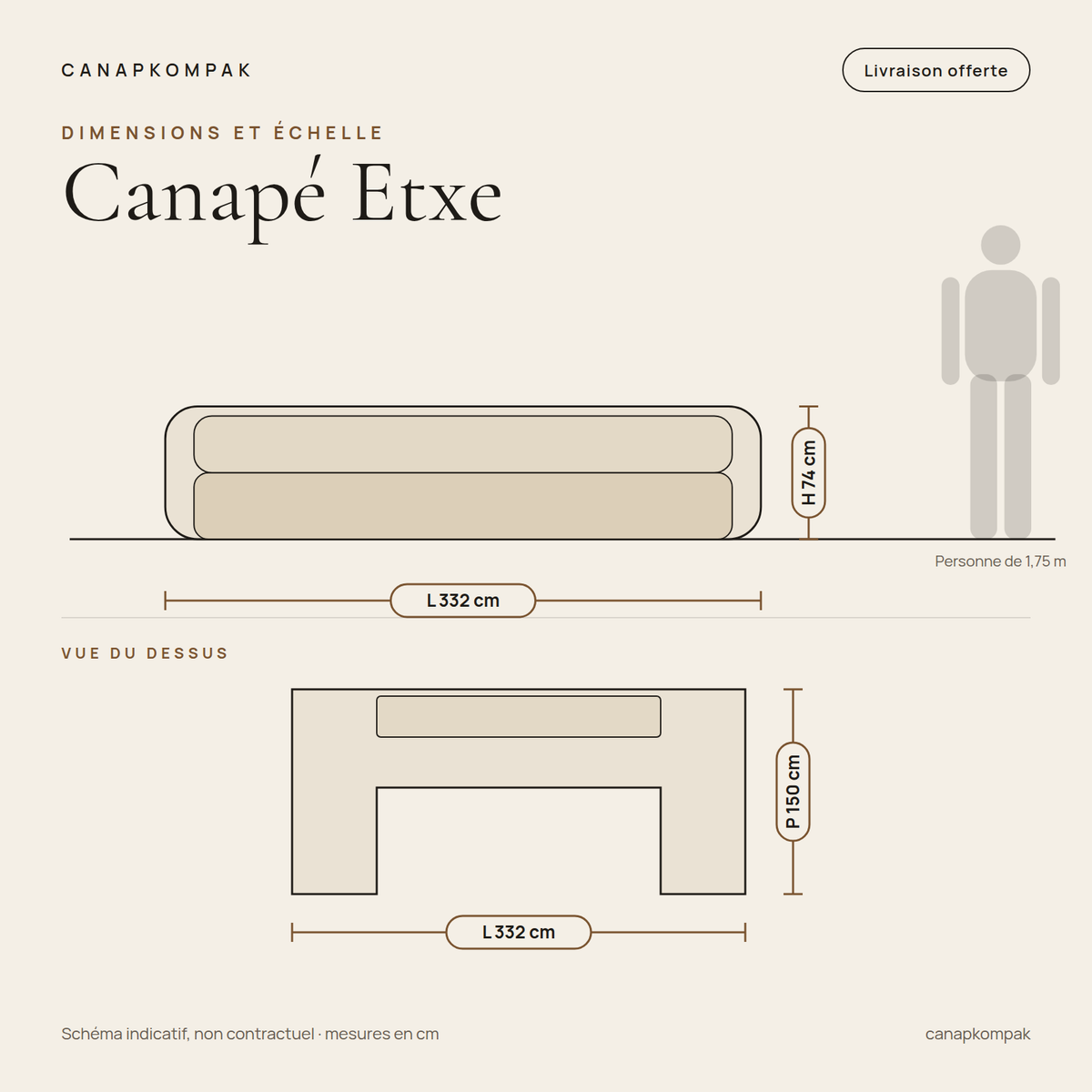 Canapé Etxe : schéma coté, 332 cm de long, 150 cm de profondeur, 74 cm de hauteur