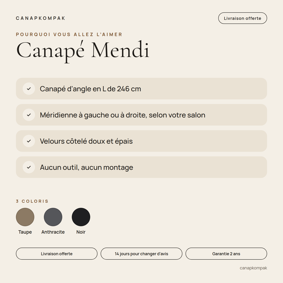 Canapé Mendi : caractéristiques principales