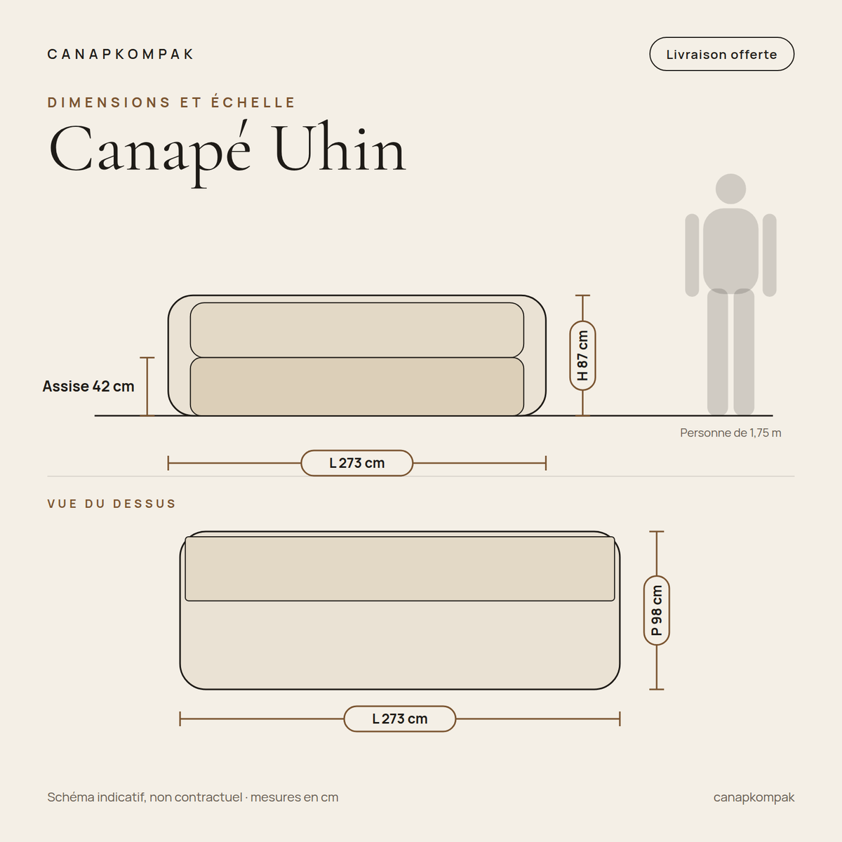 Canapé Uhin : schéma coté, 273 cm de long, 98 cm de profondeur, 87 cm de hauteur