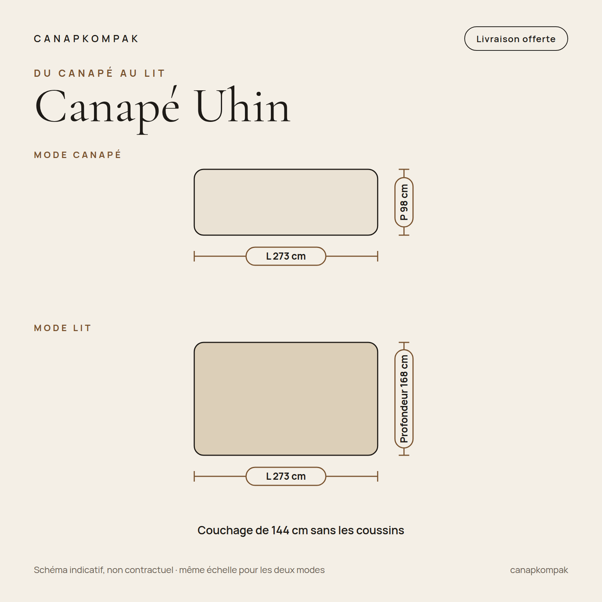 Canapé Uhin : schéma du mode lit, couchage 168 cm de profondeur
